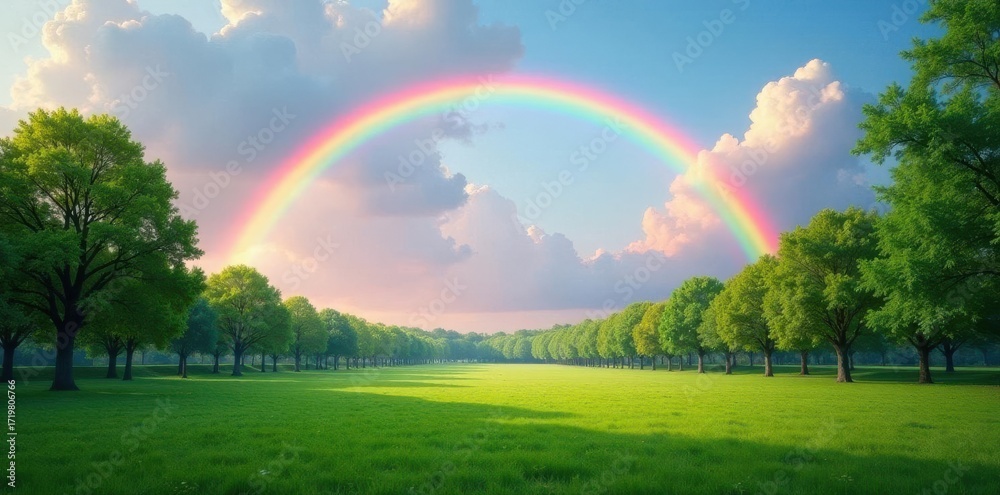 Naklejka premium Serene rainbow arc over lush green parkland, tranquil sky , tranquility, countryside, trees