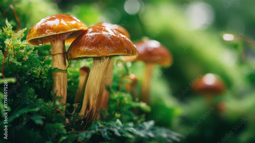 Fototapeta premium Lush green forest floor features vibrant mushrooms with glossy caps, surrounded by rich moss and ferns, creating serene and enchanting atmosphere