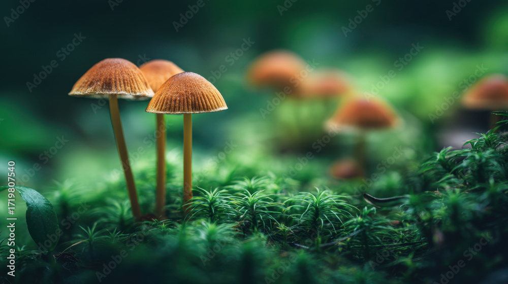 Fototapeta premium Mushrooms grow on lush green moss, showcasing their delicate caps and slender stems. serene forest background enhances natural beauty, creating tranquil atmosphere