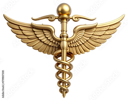 A golden caduceus symbol with wings, representing medicine and healthcare, beautifully designed with intricate details.