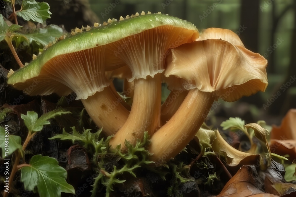 Fototapeta premium Vibrant green and orange mushroom on black background, positioned on the left with ample copy space on the right, warm ivory tones, studio lighting, clear subject focus, optimized for photo.