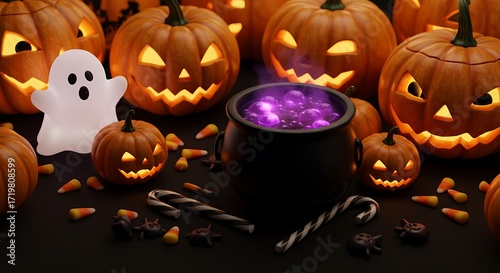 Eerie Halloween Scene with Pumpkins, Ghost, and Witch's Brew