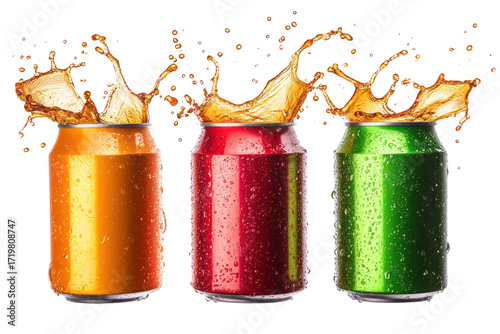 Three soda cans with splashes of liquid isolated on transparent background