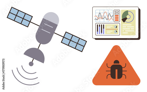 Satellite emitting waves, data analysis interface with graphs and charts, triangle bug warning. Ideal for cybersecurity, technology, vulnerability, data monitoring, communication, malware detection