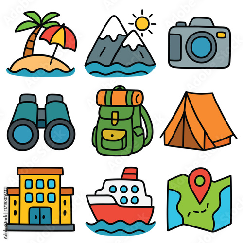 Hand-drawn cartoon travel and tourism icon set isolated on white background. Beach, mountains, photo camera, binoculars, backpack, tent, hotel, cruise liner, map. Vector illustration.