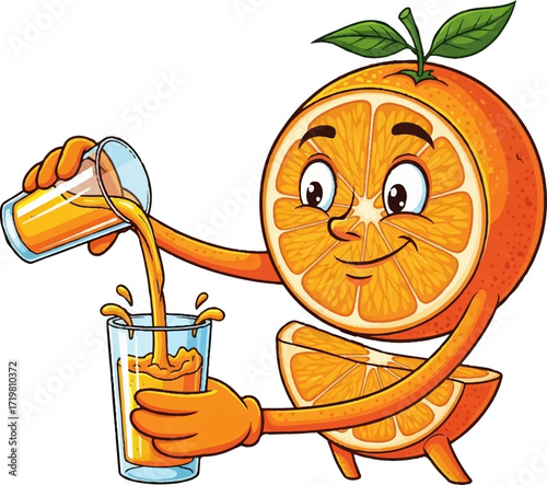 Anthropomorphic orange pouring fresh juice into glass