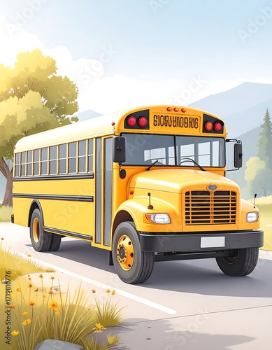 Yellow school bus on a sunny road