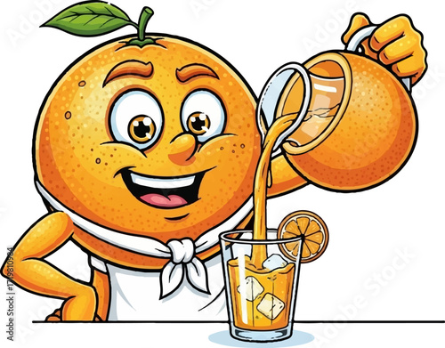 Anthropomorphic orange pouring fresh juice into glass