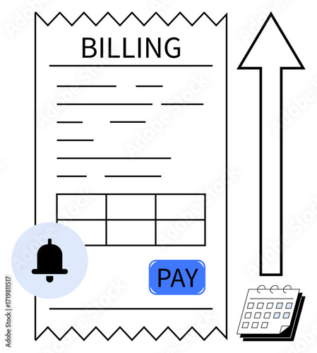 Payment invoice with Pay button, notification bell, upward arrow, and calendar. Ideal for finance, invoicing, reminders, online transactions, scheduling deadlines and digital payment systems