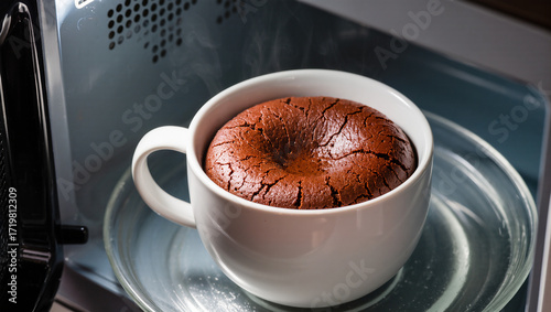A close-up shot of a steaming chocolate mug cake fresh from the microwave. The image captures a quick, warm, and delicious dessert moment, perfect for a single serving.