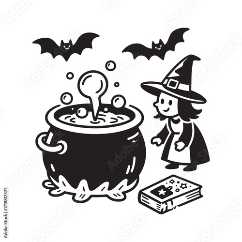 A black and white illustration of a large cauldron from which bubbles are rising.