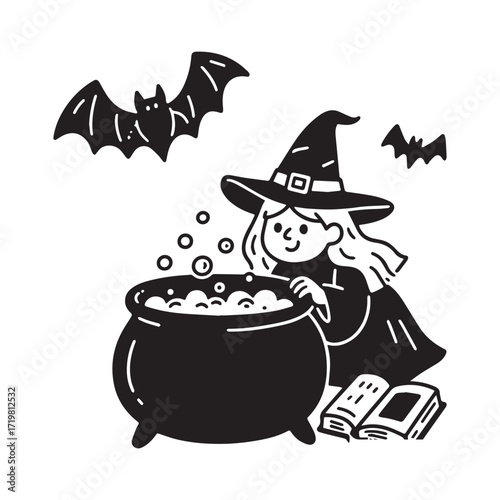 A black and white illustration of a large cauldron from which bubbles are rising.