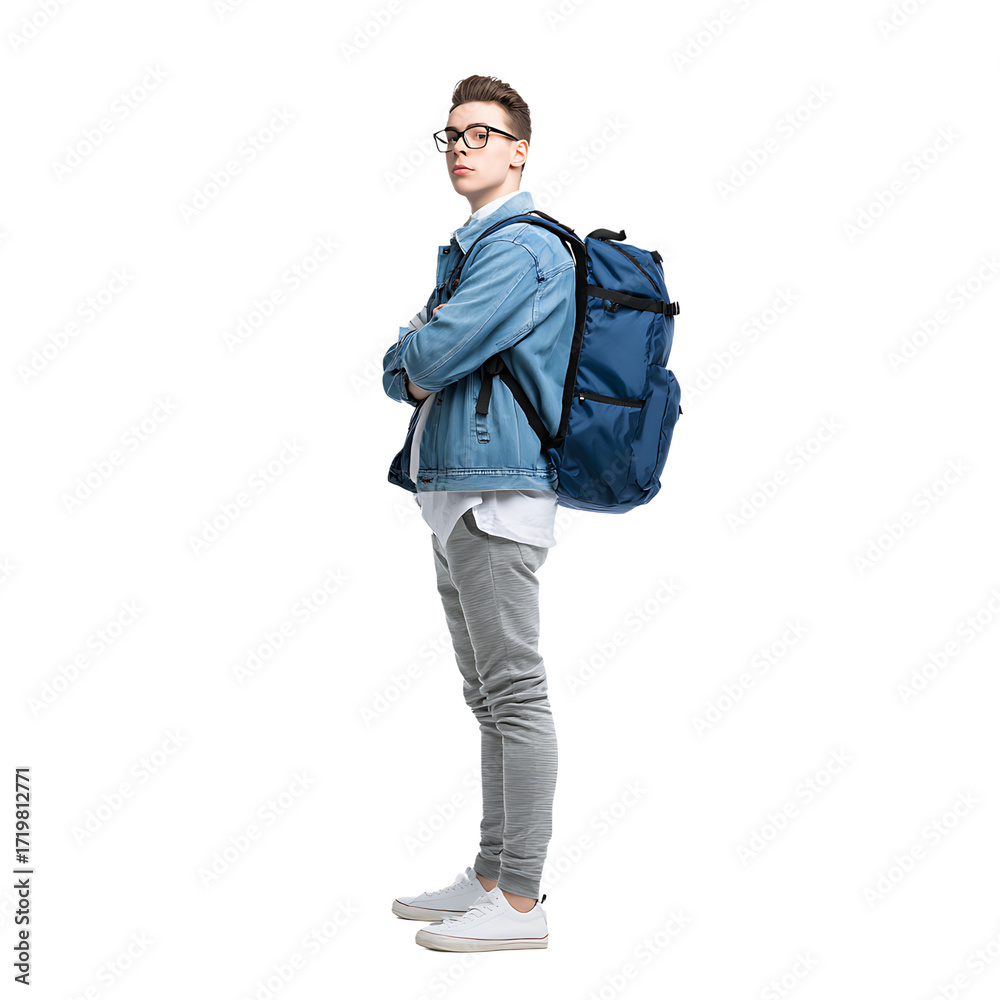 Fototapeta premium Teenager with backpack stands confidently arms crossed wearing glasses and a denim jacket Focused and ready for an adventure