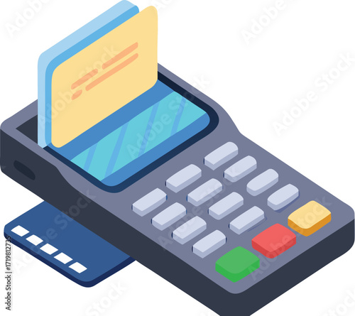 Financial business calculator with plastic buttons, black display, and credit card for accounting