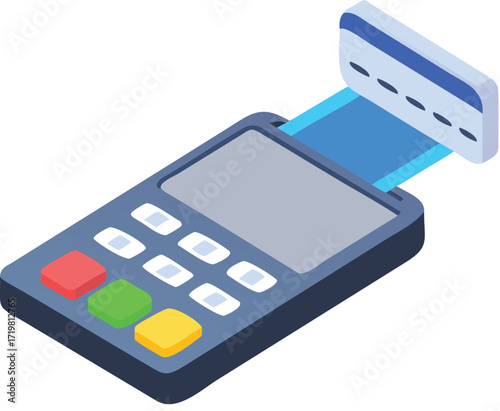Digital business technology shows a credit card reader with a calculator, a computer, a phone, and a notebook on a screen