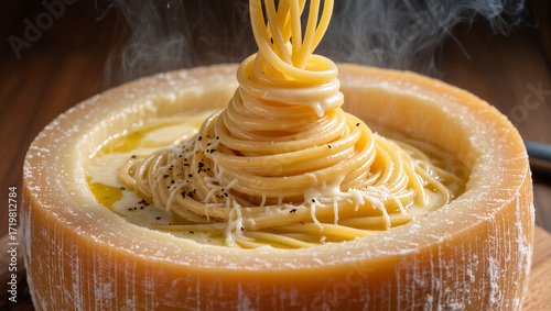 A gourmet plate of spaghetti is prepared inside a large wheel of Parmesan cheese. A fork is lifting a swirl of pasta, capturing a rich and luxurious culinary experience.