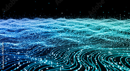 Digital Network Data Stream Technology Blue Glowing Lines Copy Space