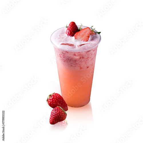 Strawberry yogurt smoothie isolated on white background, cold fruit drink
