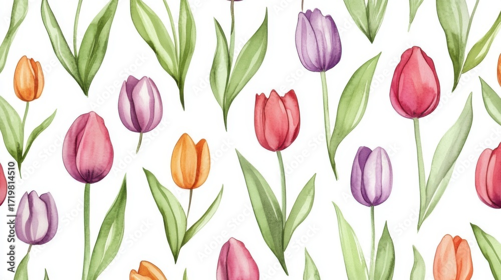 Obraz premium Watercolor Tulips: Vibrant Botanical Pattern for Springtime Celebrations and Designs