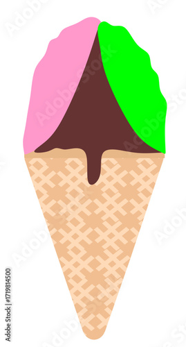 Delicious and colorful ice cream cone illustration featuring three vibrant flavors, perfect for summer!