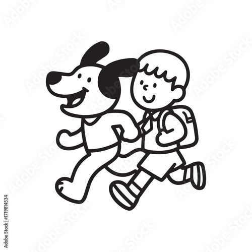  A black and white line drawing of a loyal dog happily running alongside a school child. 