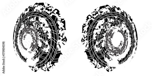 Tire tread marks, wheel textures, tire marks - car racing, motocross, drift, rally, off-road and others. Vector black isolated texture in grunge style with splashes.modern