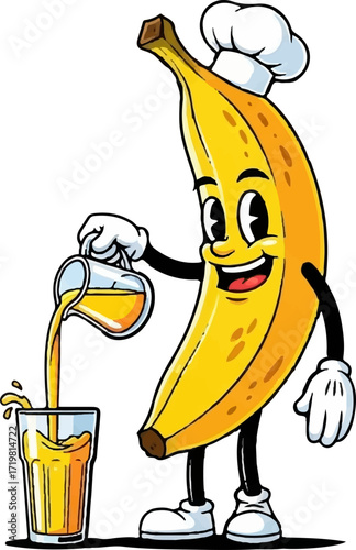Vector illustration of an anthropomorphic banana character pouring juice into a glass with cheerful expression