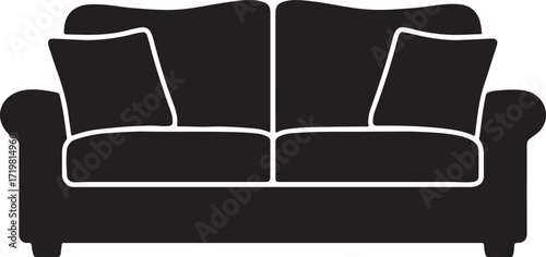 Classic black silhouette of a comfortable two seater sofa with plush cushions and elegant arms