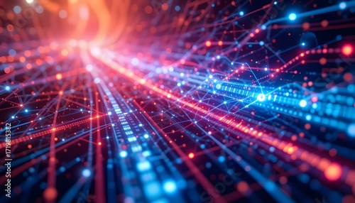 Dynamic network data stream with glowing nodes and connections, excellent for tech, innovation, and futuristic concepts, creating a vibrant, modern feel