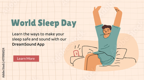 Web banner with a happy person after a healthy sleep. Hand drawn illustration on wellness.