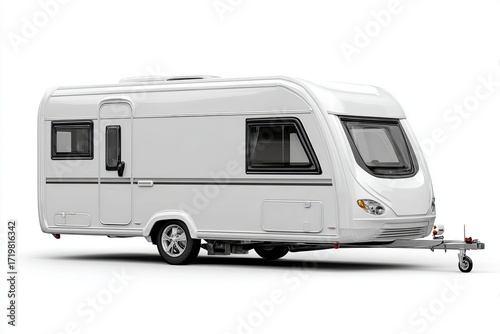 Modern White Travel Caravan with Sleek Design and Large Windows in Studio Setting