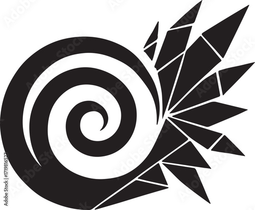 Abstract black spiral merging into sharp geometric crystalline shapes creating a dynamic modern design element