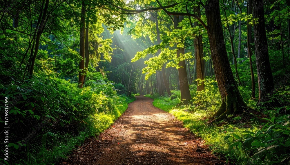 Obraz premium Sunlit Path Through Lush Green Forest