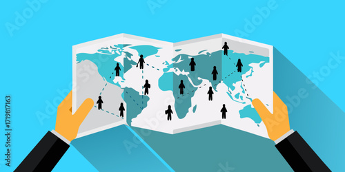 Hands holding a world map with connected people icons illustrating global connections and network