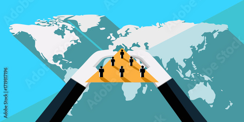 Global business team leadership pyramid held by hands over world map
