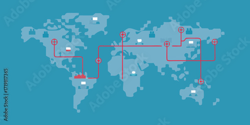 Global network of interconnected locations and communication lines across the world map