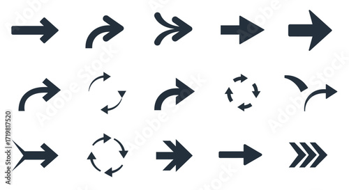 Set of various arrow icons and symbols in black and white, perfect for web design and navigation elements