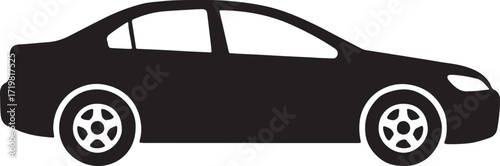 Simple black silhouette of a modern sedan car with white wheels on a white background