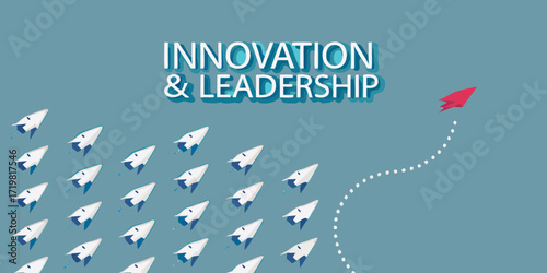 Red rocket leads a fleet of white rockets on a dotted path symbolizing innovation and leadership