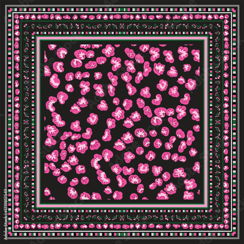 A vibrant decorative pink floral scarf patterns on a black background, framed by geometric borders in green and white, giving a striking contrast.