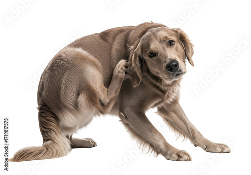 A light gray dog with a worried expression, scratching its ear, is featured against a black backdrop.