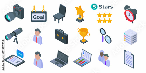 Isometric business icons representing success achievement goals and performance metrics