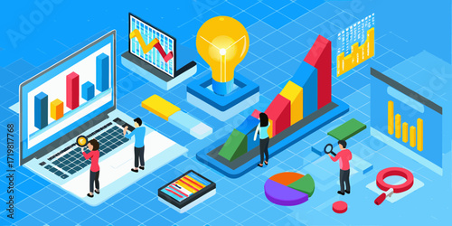 Diverse team analyzing financial data and charts with magnifying glass and lightbulb for business growth and ideas