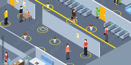 People in office waiting area maintaining social distancing with floor markers and face masks