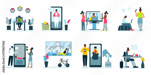 Diverse group of people working remotely and connecting digitally in various modern settings