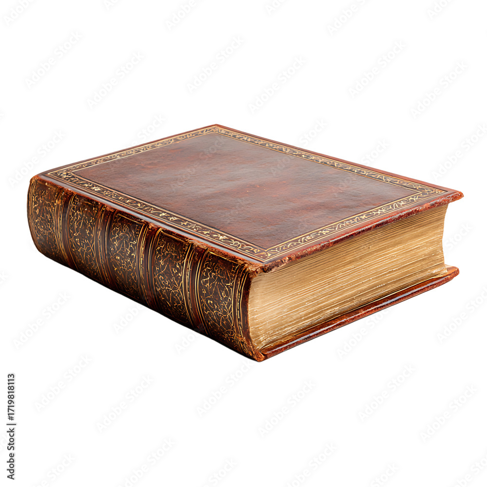 Obraz premium An antique book with a leather cover showcasing its aged pages and intricate gold detailing on the spine and cover edges isolated