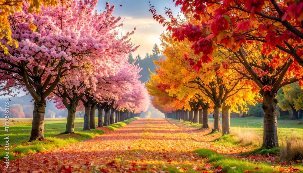 Naklejka premium A symmetrical path lined with colorful trees. Pink and red leaves create a vibrant canopy as the autumn season arrives, and sunlight illuminates the horizon