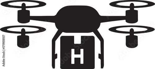 Silhouette of a modern quadcopter drone viewed from directly above against a white background