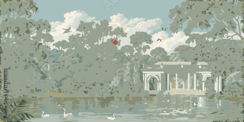 Serene landscape painting of a tranquil lake with swans and a classical pavilion surrounded by lush trees under a cloudy sky
