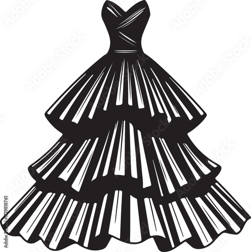 Black silhouette of a tiered ruffled ball gown with a strapless bodice dress